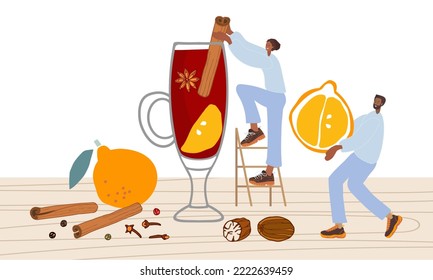 Tiny woman and man cooking mulled wine. Winter hot wine drink isolated. Mulled wine recipe ingredients. Wine glass, Orange fruit, cinnamon, anise, clove on wooden table. Winter cozy hot drink