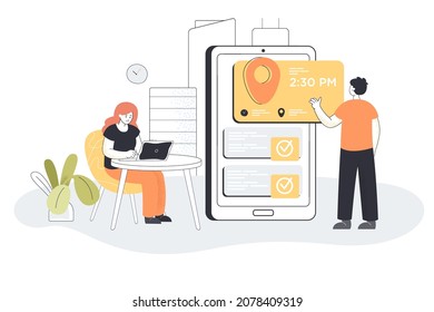 Tiny Woman And Man In Front Of Mobile Screen Planning Meeting With Online App. People Using Appointment Business Calendar Flat Vector Illustration. Booking, Workplace, Digital Technology Concept