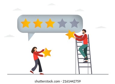 Tiny woman and man giving five stars feedback on the web site, mobile app, customer review concepts, flat vector illustration