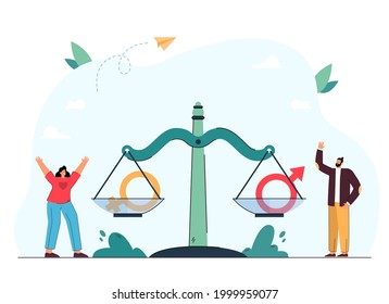 Pequeña mujer y hombre parados al lado de la escala con símbolos de género. Ilustración vectorial plana de igualdad de género. Feminismo, lucha por el concepto de igualdad de derechos para banner, diseño de sitios web o página web de inicio