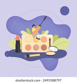 Tiny woman with mascara sitting on eyeshadow palette. Female cartoon character testing makeup products in salon flat vector illustration. Beauty, cosmetics concept