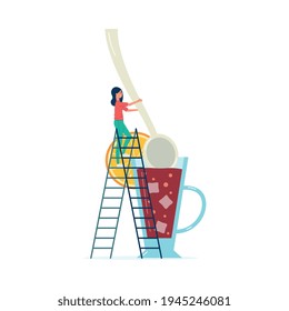 Tiny woman mixing cocktail in giant glass, flat vector illustration isolated.