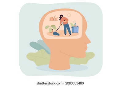 Tiny woman mopping floor inside giant head. Human purifying mind, making thoughts clear flat vector illustration. Purification of inner space, self-care, mental health, detox, improvement concept