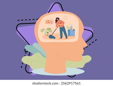 Tiny woman mopping floor inside giant head. Human purifying mind, making thoughts clear flat vector illustration. Purification of inner space, self-care, mental health, detox, improvement concept