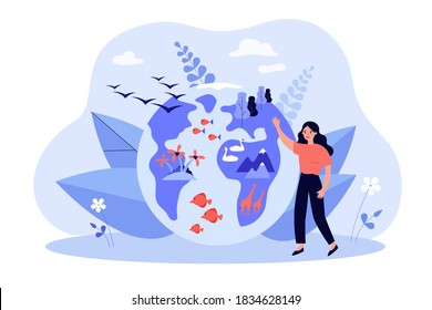 Tiny woman near globe with various flora and fauna flat vector illustration. Cartoon Earth habitats, ocean animal, plants and wildlife. Biodiversity, conservation and climate awareness concept