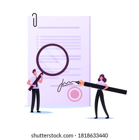 Tiny Woman Notary Or Lawyer Character Signing Paper Document With Huge Pen. Man With Magnifier Learn Initials. Documentation Signature Authenticity Professional Service. Cartoon Vector Illustration