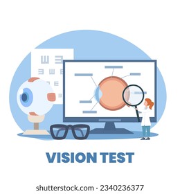 Tiny woman ophthalmologist and huge computer monitor and eye flat style, vector illustration isolated on white background. Vision test concept, healthcare and medicine, eyesight diagnostic