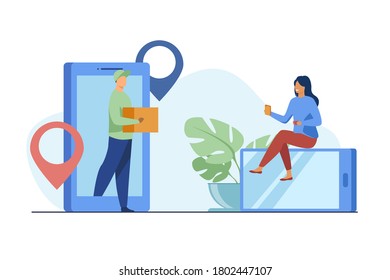 Tiny woman ordering parcel online via smartphone. Box, internet, client flat vector illustration. Delivery service and digital technology concept for banner, website design or landing web page