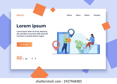Tiny woman ordering parcel online via smartphone. Box, internet, client flat vector illustration. Delivery service and digital technology concept for banner, website design or landing web page