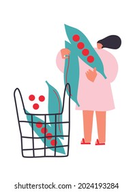 Tiny woman with peas, vegetables. Vector illustration. Funny colored typography poster, advertising, packaging print design, market, farmers market decoration. vegetables concept. Isolated.