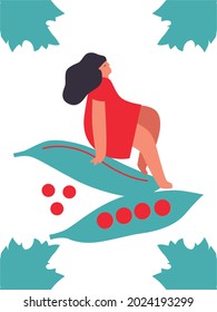 Tiny woman with peas, vegetables. Vector illustration. Funny colored typography poster, advertising, packaging print design, market, farmers market decoration. vegetables concept. Isolated.