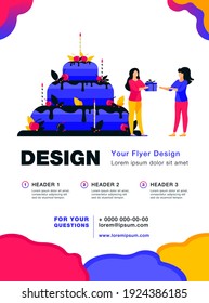Tiny woman presenting gift box to friend. Cake, holiday, candle flat illustration. Celebration and birthday concept for banner, website design or landing web page