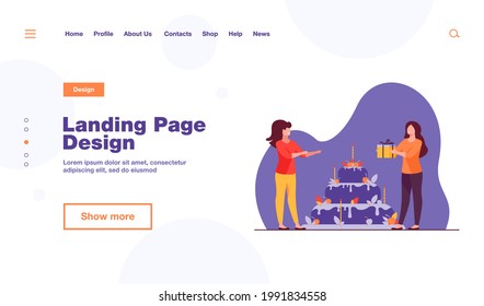 Tiny woman presenting gift box to friend. Cake, holiday, candle flat illustration. Celebration and birthday concept for banner, website design or landing web page