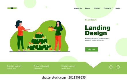 Tiny woman presenting gift box to friend. Cake, holiday, candle flat illustration. Celebration and birthday concept for banner, website design or landing web page