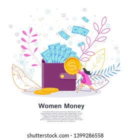 Tiny woman puts a coin in big wallet. Business lady and investment. Housewife and family budget. Vector flat cartoon Character illustration.