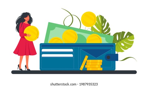 Tiny woman puts a coin in big wallet. Business lady and investment. Saving and accumulating money concept. Tiny people put gold coins in a large purse. Investment portfolio.