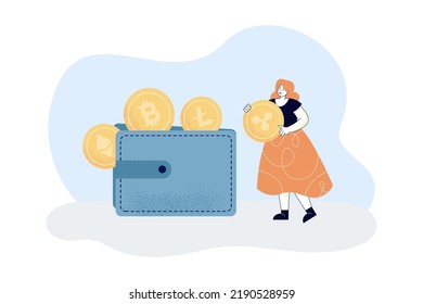 Tiny woman putting cryptocurrency coins into wallet. Female character buying crypto money flat vector illustration. Payment, mining, exchange concept for banner, website design or landing web page