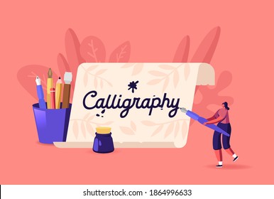 Tiny Woman With Quill Pen Practicing In Spelling Lettering And Calligraphy On Huge Banner. Female Character Writing Letters, Abc Script, Education, Creative Hobby, Class. Cartoon Vector Illustration