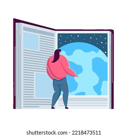 Tiny woman reading astonishing giant science fiction book. Flat vector illustration. Opened book symbolizing door to global education and knowledge of world
