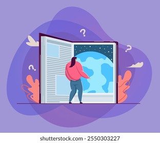 Tiny woman reading astonishing giant science fiction book. Flat vector illustration. Opened book symbolizing door to global education and knowledge of world. Education, literature, learning concept