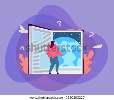 Tiny woman reading astonishing giant science fiction book. Flat vector illustration. Opened book symbolizing door to global education and knowledge of world. Education, literature, learning concept