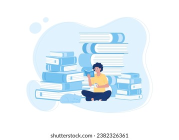 Tiny woman reading a book between pile of books trending concept flat illustration