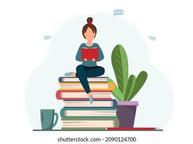 Tiny woman reading the book with house plant, a cup of tea and library on the background, hobbies concept, flat vector illustration