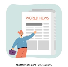 Tiny woman reading newspaper with world news headline. Media publication of daily information for person flat vector illustration. Newsletter concept for banner, website design or landing web page