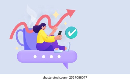 Mujer diminuta que se relaja, que habla y que bebe el café. burbujas del discurso del diálogo con los iconos y la taza de café. Chica con taza. Mujer sentada en una taza de té o café. Ilustración vectorial de contorno plano.