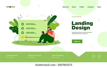 Tiny woman sitting and listening music on mobile phone isolated flat vector illustration. Cartoon character relaxing and choosing song from playlist. Audio advertising and entertainment concept