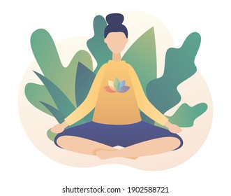 Tiny woman sitting in lotus pose. Meditation concept. Yoga online, relax, recreation, healthy lifestyle. Modern flat cartoon style. Vector illustration on white background