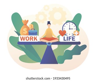 Tiny woman sitting in lotus position and keep harmony. Work and life balance. Choose between career and money versus love and time. Leisure or business. Modern flat cartoon style. Vector illustration 