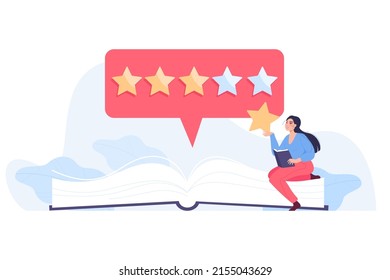 Tiny woman sitting on book and holding rating star. Reader sharing opinion about book, giving feedback flat vector illustration. Satisfaction, literature, rating system, book review concept