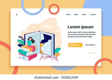 Tiny woman sitting on huge book flat vector illustration. Big book door to knowledge, new world and experience. Literature, skill and experience concept