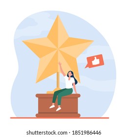 Pequeña mujer sentada en una gran estrella dorada. Como, premio, blogger ilustración vectorial plana. Logro y concepto de medios sociales para banner, diseño de sitios web o página web de inicio