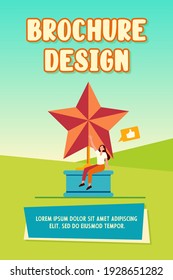 Tiny woman sitting on large golden star. Like, prize, blogger flat vector illustration. Achievement and social media concept for banner, website design or landing web page