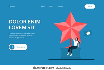 Pequeña mujer sentada en una gran estrella dorada. Como, premio, blogger ilustración vectorial plana. Logro y concepto de medios sociales para banner, diseño de sitios web o página web de inicio