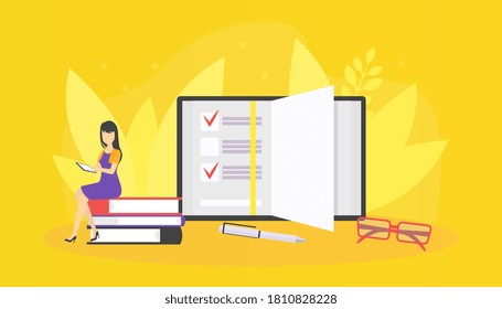 Tiny Woman Sitting on Pile of Books and Reading, Student Girl Studying and Preparing for Examination Vector Illustration