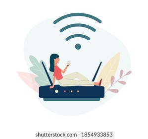 Tiny woman sitting on remote wireless signal receiver, flat vector illustration isolated on white background. WI-FI remote connection concept or emblem.