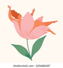 Tiny woman sitting in wonder the huge spring tulip. Vector illustration.