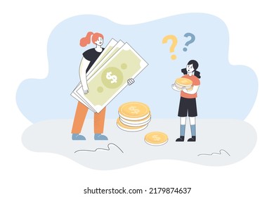Tiny woman standing with dollar banknotes and girl holding coins. Mother giving pocket money to daughter flat vector illustration. Financial education concept for banner, website design or landing 