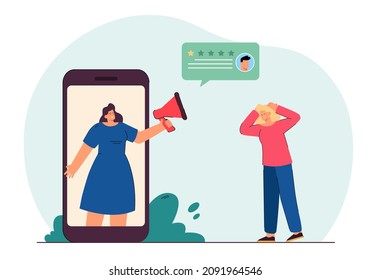 Tiny woman standing near phone with client sending negative review. Female character angry with bad comment flat vector illustration. Review app concept for banner, website design or landing web page
