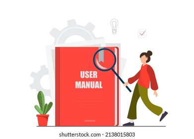 A tiny woman standing near user manual book with magnifying glass, specifications user guidance document, searching information concept, flat vector illustration