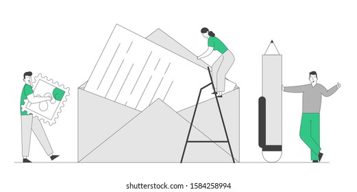 Tiny Woman Standing on Ladder Put Paper Letter with Handwritten Text into Huge Envelope, Man Going to Stick Postage Stamp. People Sending Mail to Friends. Cartoon Flat Vector Illustration, Line Art