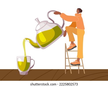 Tiny woman standing on step-ladder pours green tea from kettle into cup on table. Tea ceremony. Vector illustration isolated on white background for shop, tea lover, party, kitchen concept, menu