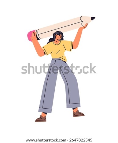 Tiny woman stands with hands up and holds big pencil. Little person carries huge stationery for writing. Girl raises large crayon, drawing tool. Flat isolated vector illustration on white background