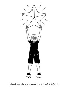 Tiny woman with star. Ranking Evaluation and Classification Concept. Rating. Review and Feedback for Services in Mobile App, Rating. Doodle Vector Illustration