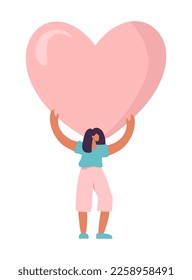 Tiny Woman stay with big heart flat vector illustration. Concept of romance people valentine day sharing love, charity. Assistance, help, support concept.