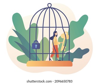 Tiny woman step out of cage. Freedom concept. Сomfort zone metaphor. Inner prison. Personal development. Mind prison psychological. Modern flat cartoon style. Vector illustration on white background