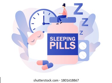 Tiny woman suffers from insomnia in bedroom surrounded by alarm clock, sleeping pills, pillow, mask. Sleep control. Stress, depression and sleeping problems. Modern flat cartoon style. Vector